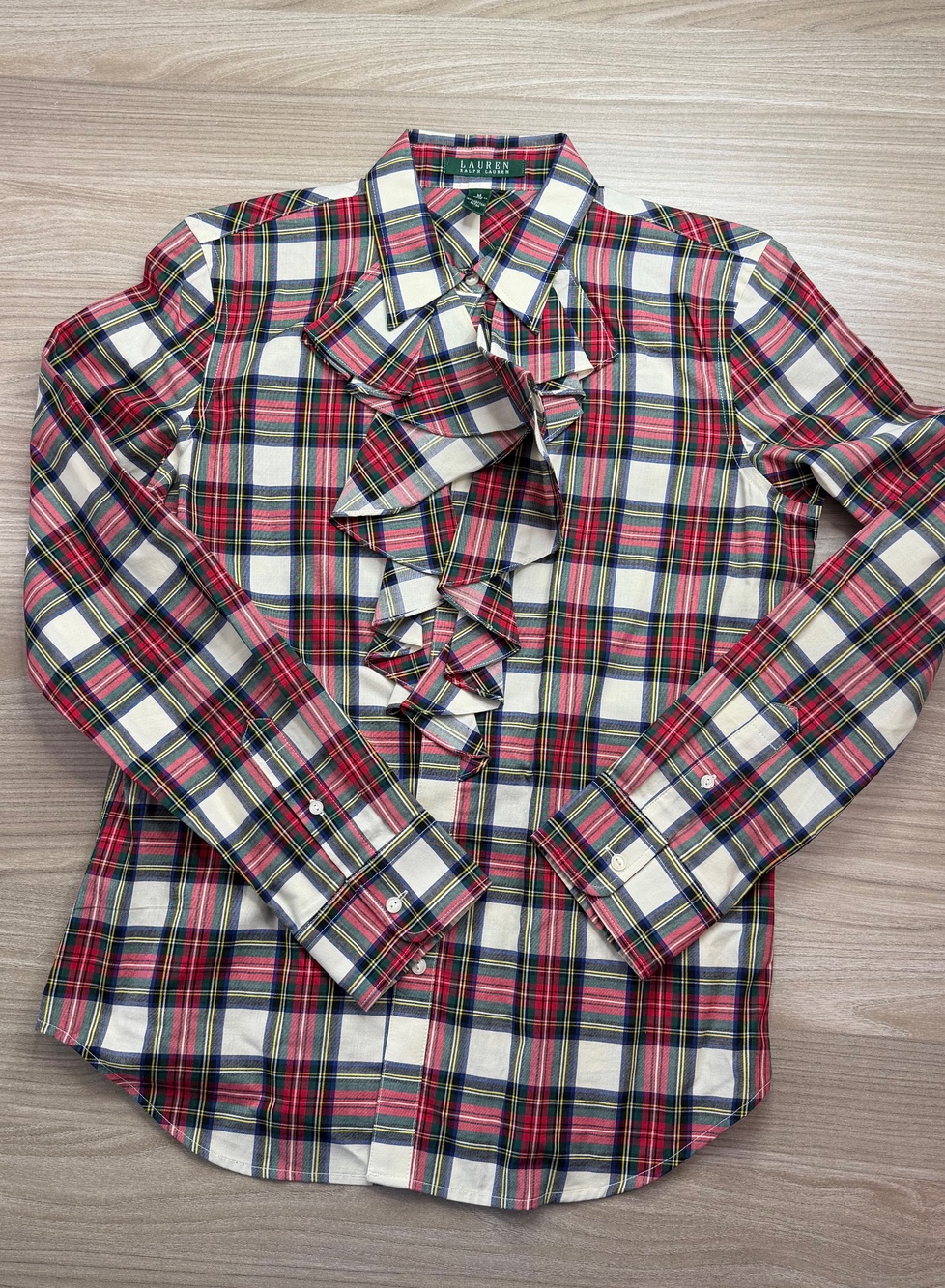 Ralph Lauren Plaid Blouse Multicolor Size M Ruffle Front Holiday Button Up